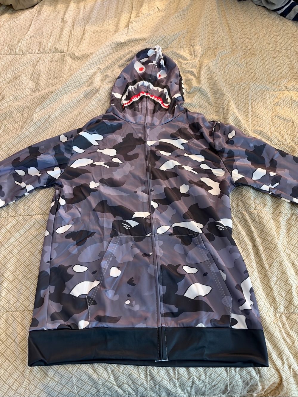 Mens Grey and white and black Camouflage Shark-Print Hooded Jacket BAPE